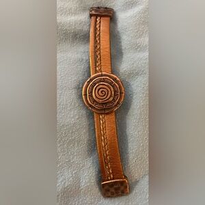 Brown Leather Bracelet with Spiral Design in copper
